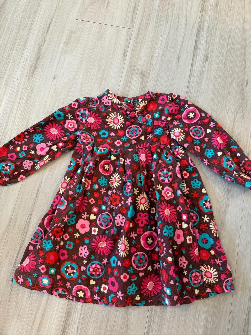 Vintage Y2K Girls ' Floral Long-Sleeve Dress - Brown with Pink & Teal Flowers